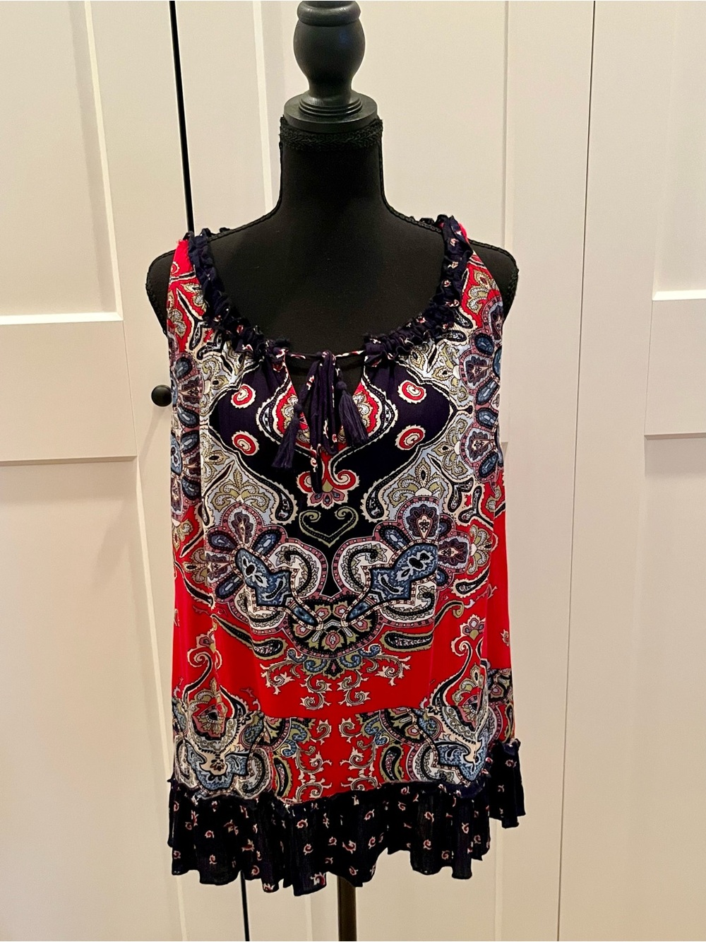 Bila Red Paisley Tie-Neck Tank with Navy Accents in Lightweight Rayon Colorful L